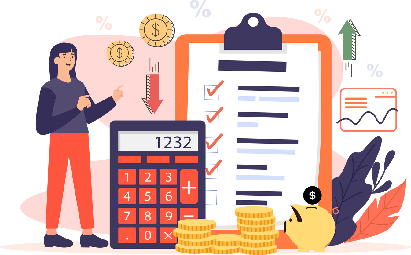 Company budget planning, character analyzing checklist and calculate budget Money savings, economy concept.